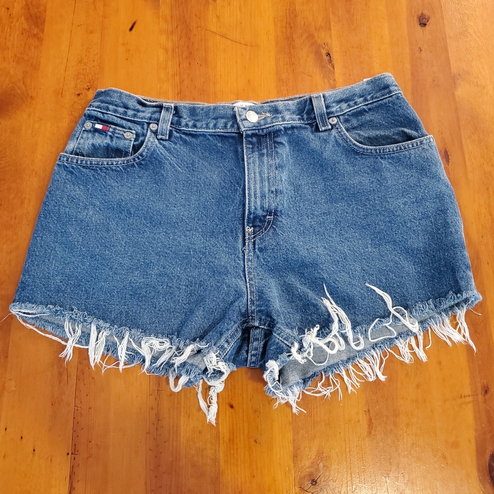 Tommy Hilfiger High Waisted Denim Blue Jeans Cut Off Frayed Shorts Size 10